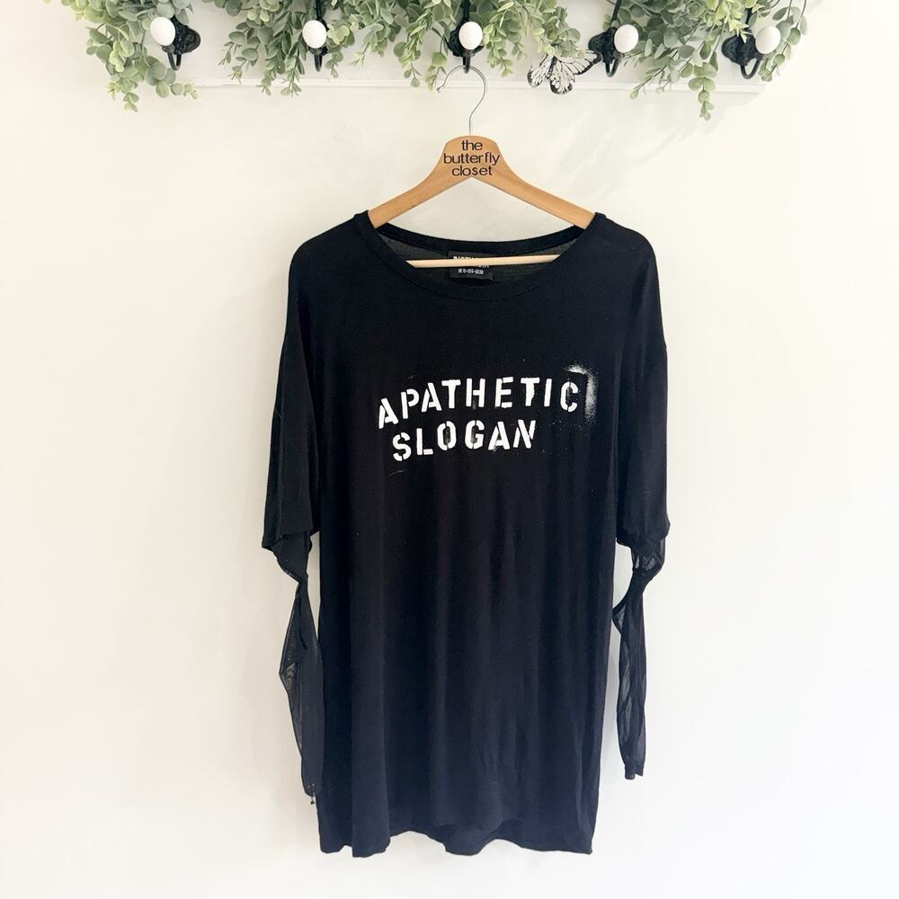 Disturbia Black “Apathetic Slogan” T Shirt Graphic Mesh Detailed Split Sleeves 6